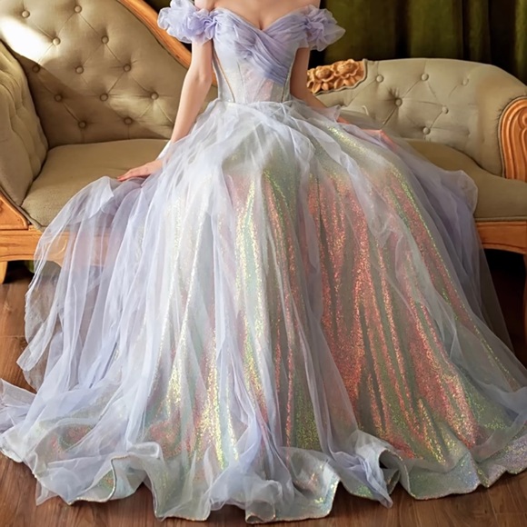 Women’s Sparkly Pastel Blue Purple Off Shoulder Ball Gown Prom Dress Size S - Picture 4 of 5